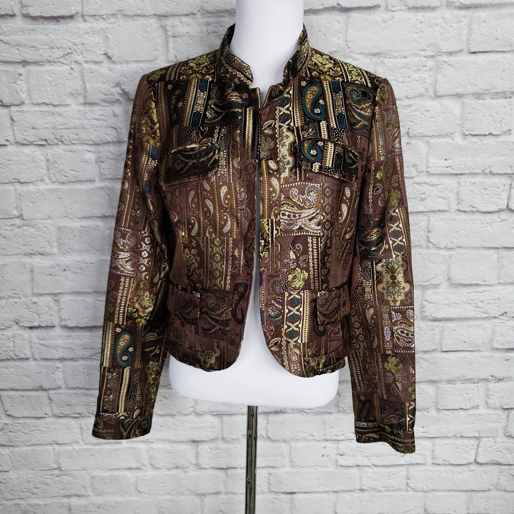 ABS by Allen Schwartz Brwon Gold Jacquard Open Front Jacket Standing Collar Sz 8
